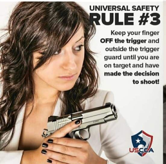 Woman holding a handgun, finger off the trigger. Safety rule graphic emphasizing trigger discipline.