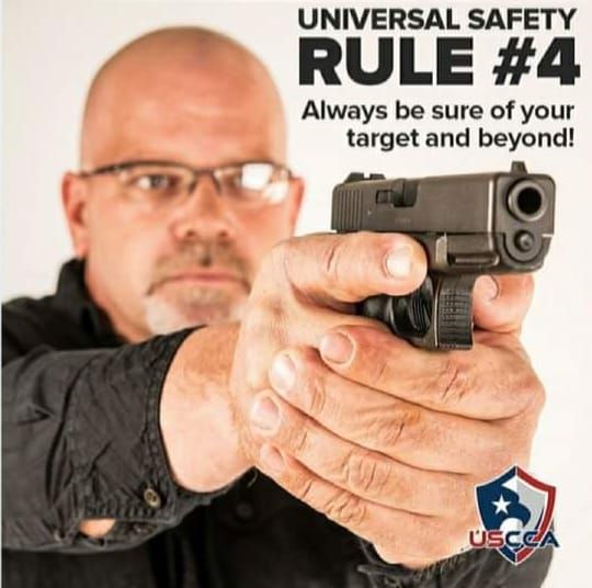 Man aiming handgun; safety rule: Always be sure of your target and beyond! USCCA logo.
