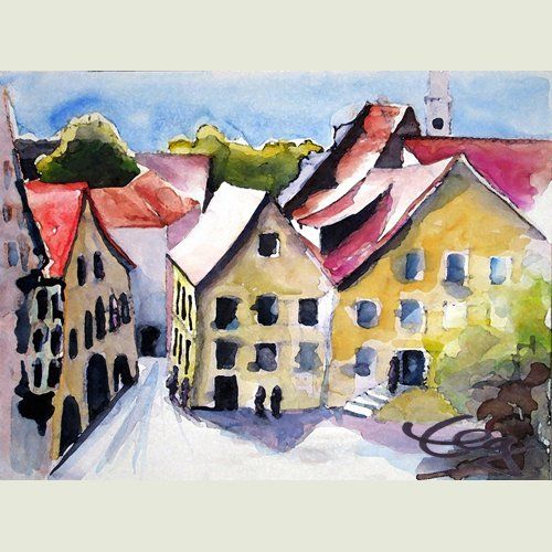Bild, Augsburg, Stadtlandschaft , Aquarell, Gebäude, Haus, Elisabeth Ernicke-Goßner