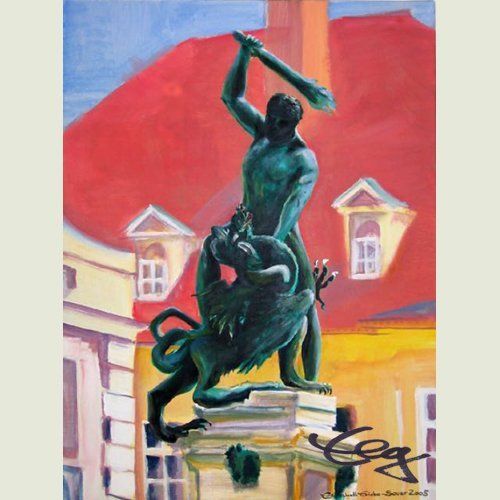 Bild, Augsburg, Acryl, Brunnen, Neptun, Gebäude, Haus, Technik , Fabrik, Industrie, Technik, Brunnen, Maximilianstraße, Herkules, Elisabeth Ernicke-Goßner