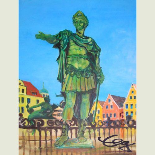 Bild, Augsburg, Acryl, Brunnen, Neptun, Gebäude, Haus, Technik , Fabrik, Industrie, Technik, Brunnen, Rathausplatz, Augustus, Elisabeth Ernicke-Goßner