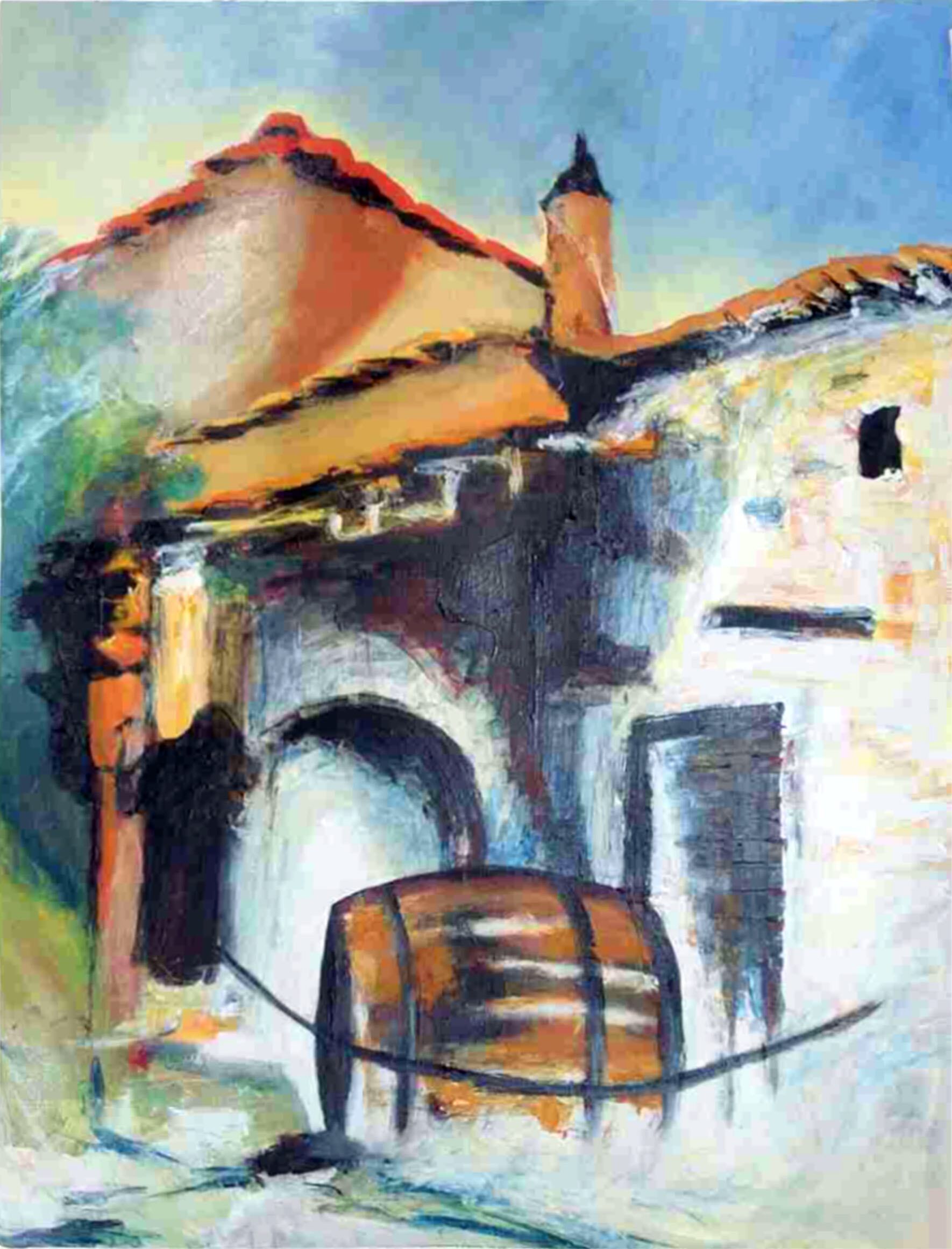 Elisergo, Bild, Acryl, Italien, Toskana, Wein, Ocker, siena, Haus, Hügel, grün, Wein, Fass,  Landschaft