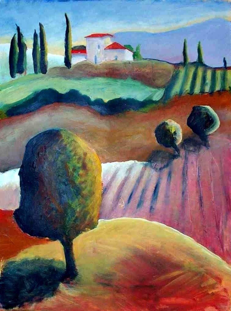 Elisergo, Bild, Acryl, Italien, Toskana, Oliven, rosa, Haus, Hügel, grün, Landschaft