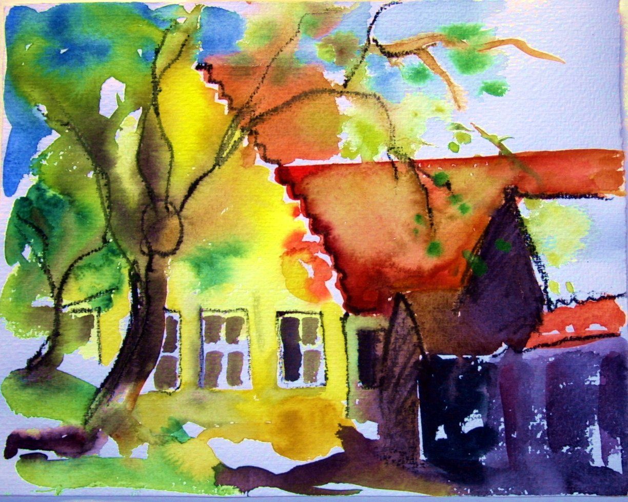 Bild, Augsburg, Stadtlandschaft , Aquarell, Gebäude, Haus, Fuggerei, Elisabeth Ernicke-Goßner