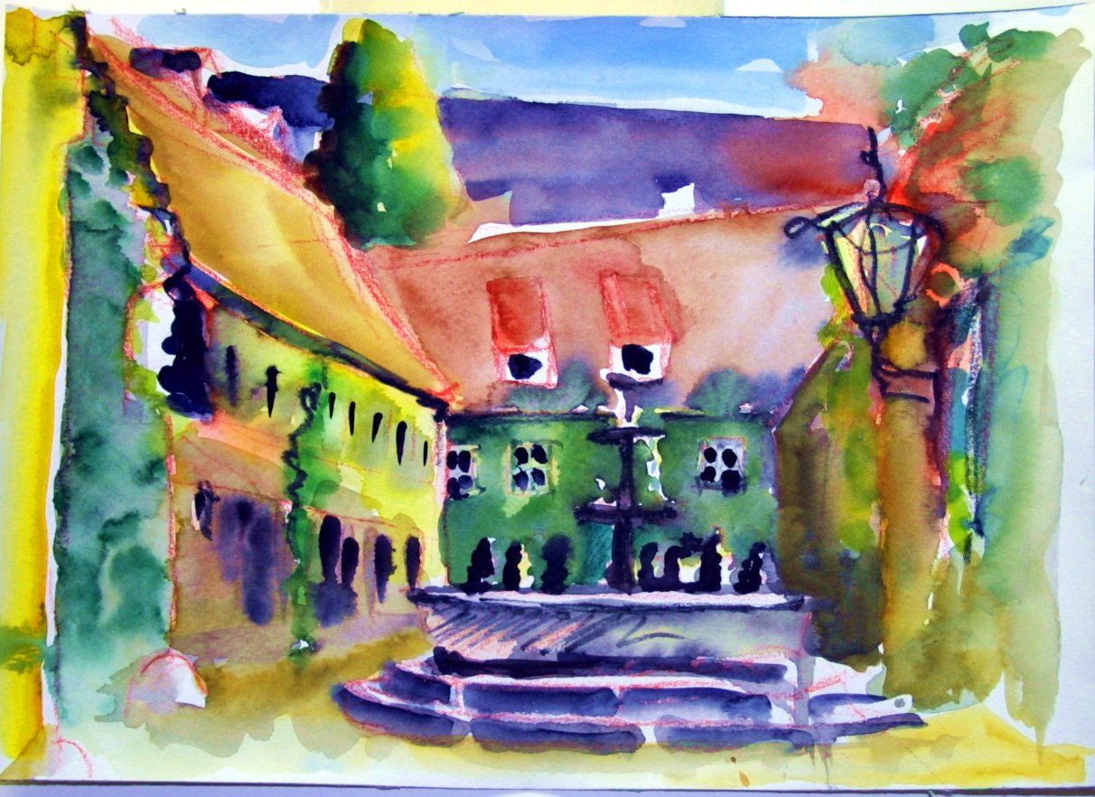 Bild, Augsburg, Stadtlandschaft , Aquarell, Gebäude, Haus, Fuggerei, Elisabeth Ernicke-Goßner