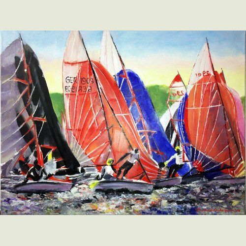 Schiff, Bild, Wasser, Segel, 29er, Regatta, rot, Öl, Ölbild, Leinwand, Elisabeth Ernicke-Goßner