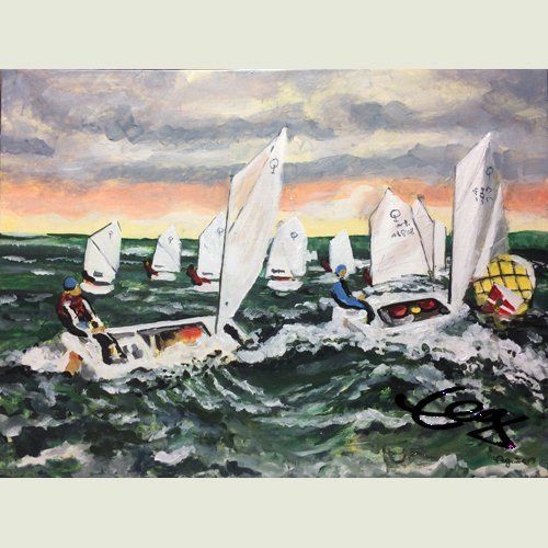 Schiff, Bild, Wasser, Segel, Opti, Regatta, rot, Acryl, Leinwand, Elisabeth Ernicke-Goßner