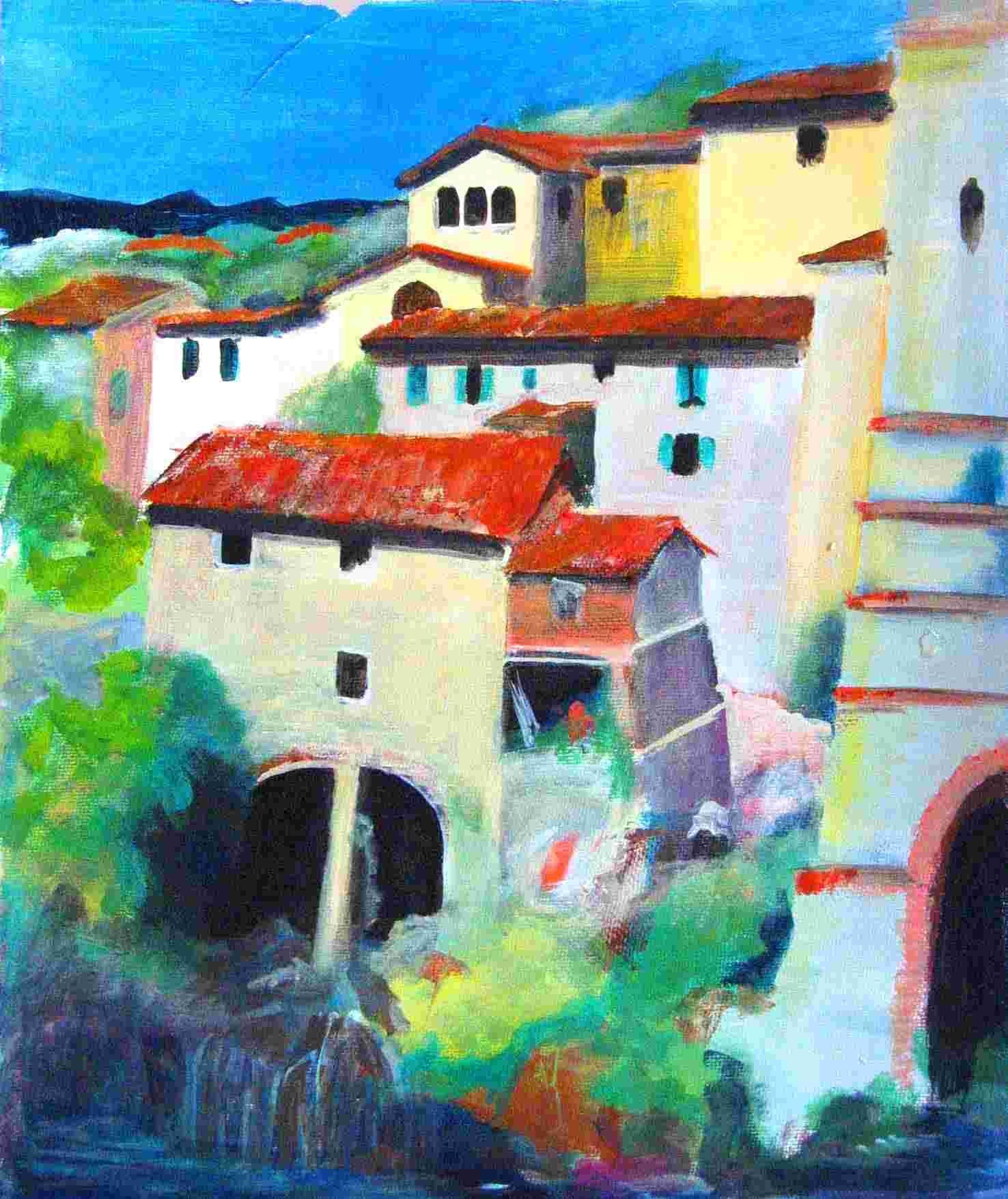 Elisergo, Bild, Acryl, Italien, Toskana, Berg, Dorf, Schlucht, Bach, blau, rot, Landschaft