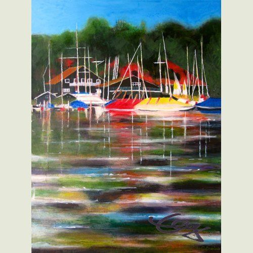 Ufer, Schiff, Bild, Wasser, Spiegelung , Landschaft, Wasser, Licht, Mischtechnik, Acryl, Leinwand, Elisabeth Ernicke-Goßner