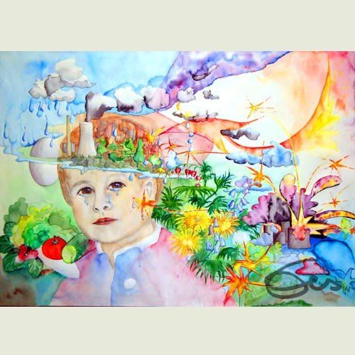 Bild Aquarel Kernkraft  Unfall  1986  Ausstellung Zeughaus Augsburg,