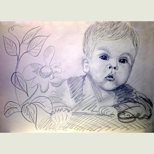 Bleistiftzeichnung kleiner Junge in Bauchlage