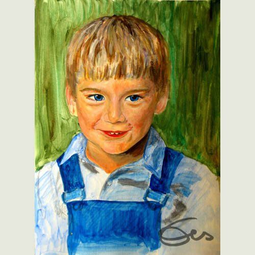 Kinder-Portrait Porträt blonder Junge mit blauer Latzhose