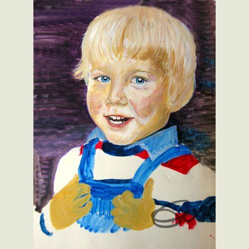 Kinder-Portrait Porträt blonder Junge mit blauer Latzhose