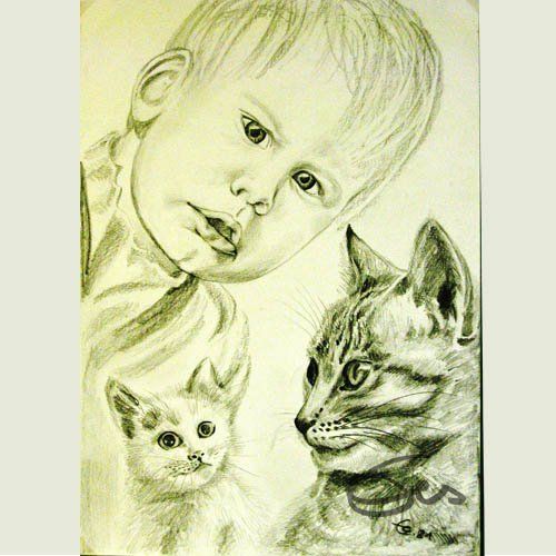 Bleistiftskizze Junge mit Katzen 