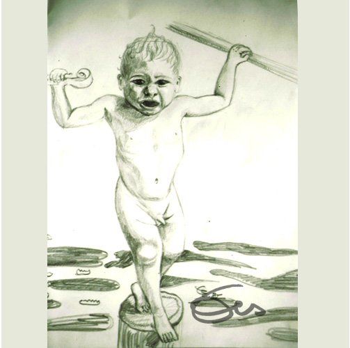 Zeichnung erster Badeversuch im kalten Wasser