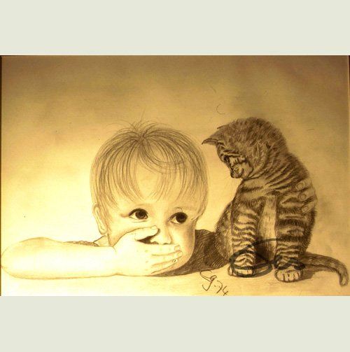 Zeichnung Junge mit Katze