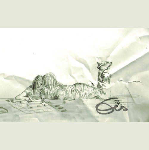 Kleine Mädchen beim Brettspiel , Bleistiftzeichnung