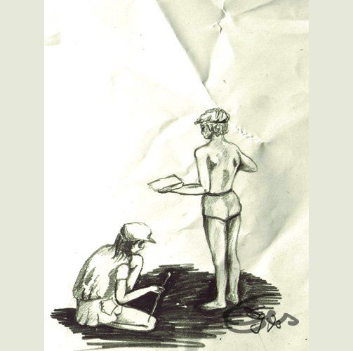 Kleine Mädchen beim Malen im Garten , Bleistiftzeichnung