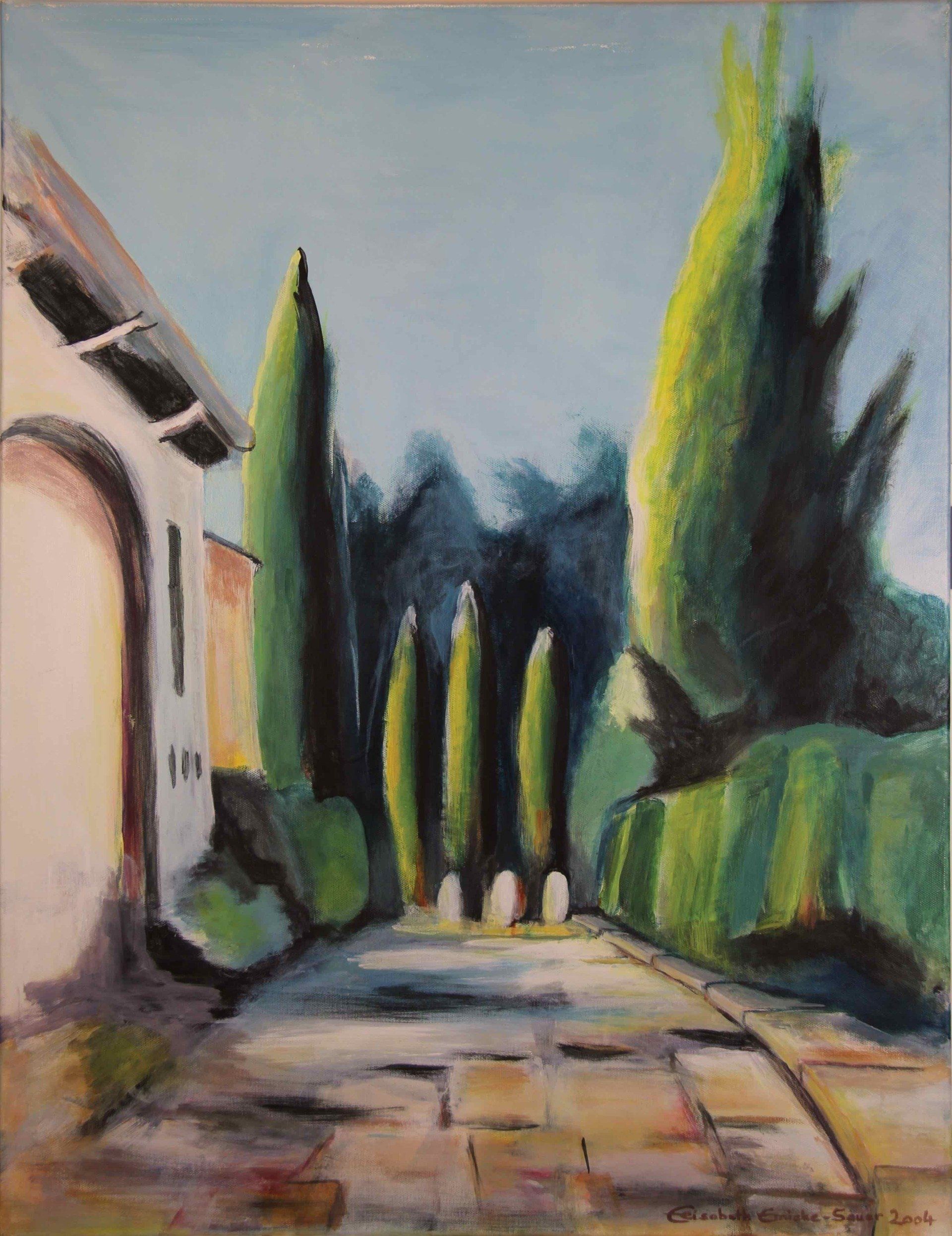 Elisergo, Bild, Acryl, Italien, Toskana, Zypressen, grün, Landschaft