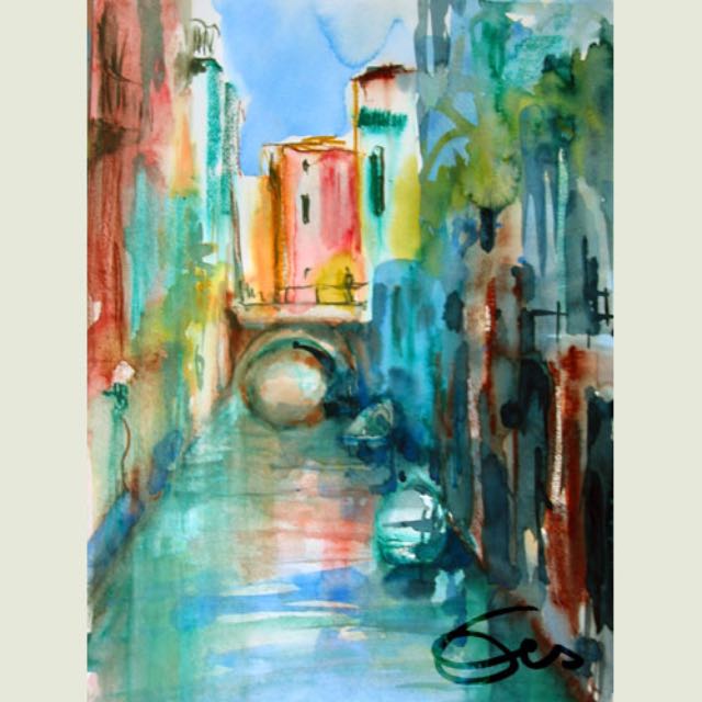 Aquarell Venedig Kanäle Häuser Stadtlandschaft