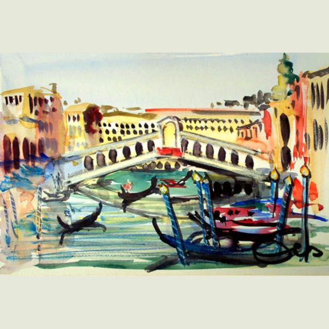 Aquarell Venedig Kanäle Häuser Stadtlandschaft Rialtobrücke