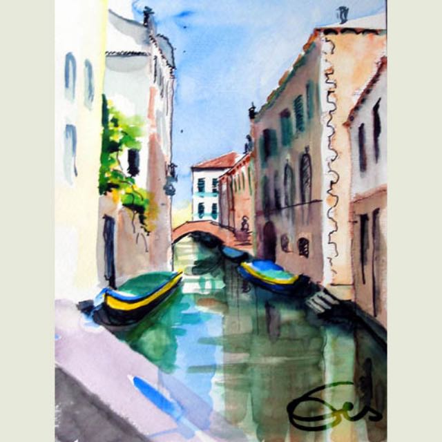 Aquarell Venedig Kanäle Häuser Stadtlandschaft