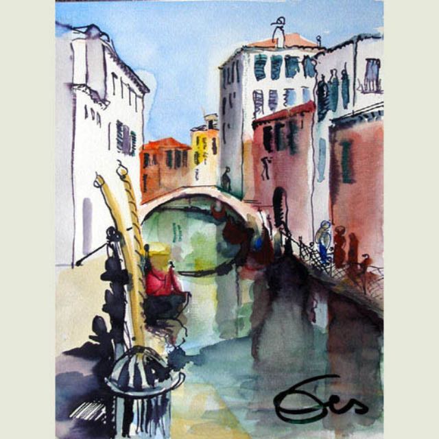 Aquarell Venedig Kanäle Häuser Stadtlandschaft