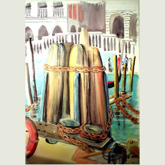 Aquarell Venedig Kanäle Häuser Stadtlandschaft Poller Kette