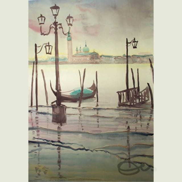 Aquarell Venedig Kanäle Häuser Stadtlandschaft Aqua Alta