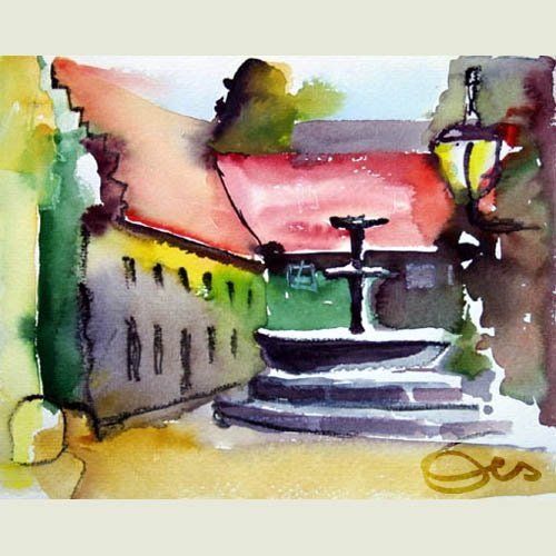 Bild, Augsburg, Stadtlandschaft , Aquarell, Gebäude, Haus, Fuggerei, Elisabeth Ernicke-Goßner