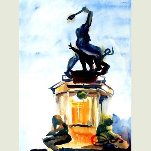 Bild, Augsburg, Stadtlandschaft , Aquarell, Brunnen, Figur , Haus, Herkules, Elisabeth Ernicke-Goßner
