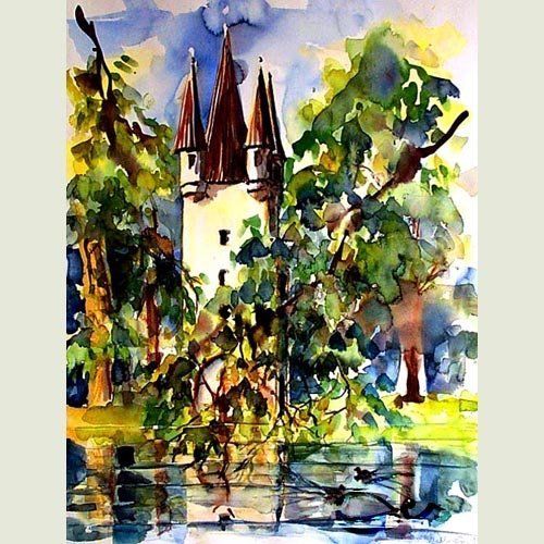 Bild, Augsburg, Aquarell, Gebäude, Haus, Finger, fünf, Turm, Wasser, Elisabeth Ernicke-Goßner