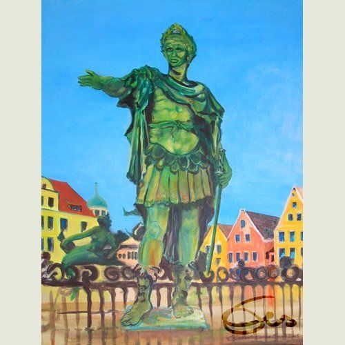 Bild, Augsburg, Acryl, Brunnen, Neptun, Gebäude, Haus, Technik , Fabrik, Industrie, Technik, Brunnen, Rathausplatz, Augustus, Elisabeth Ernicke-Goßner