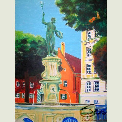 Bild, Augsburg, Acryl, Brunnen, Neptun, Gebäude, Haus, Technik , Fabrik, Industrie, Technik, Brunnen, Fuggerei, Neptun, Elisabeth Ernicke-Goßner