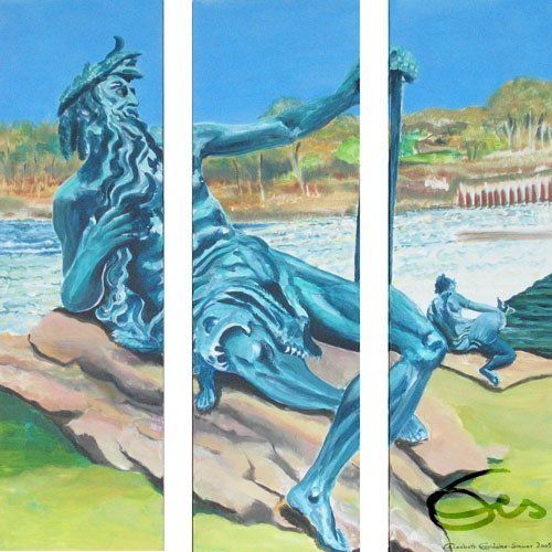 Bild, Augsburg, Acryl, Wasser, Kreuzung, Kanal, Haus, Technik , Fabrik, Industrie, Technik,Kanal, Wasser, Brunnen, Lech, Figur, Elisabeth Ernicke-Goßner