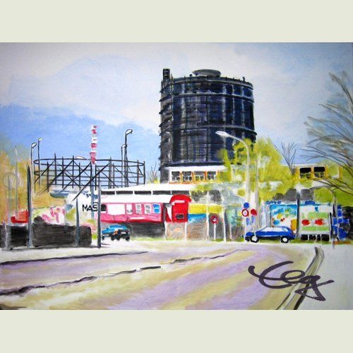 Bild, Augsburg, Acryl, Gebäude, Haus, Technik , Gaskessel, Elisabeth Ernicke-Goßner