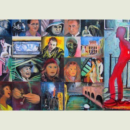 Bild, Augsburg, Acryl, Dichter, Schriftsteller, Brecht, Haus, Technik , Fabrik, Industrie, Technik, Brecht,Theater, Collage, Elisabeth Ernicke-Goßner