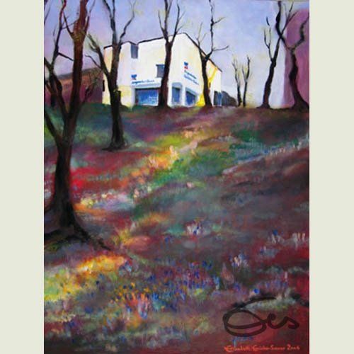 Bild, Augsburg, Acryl, Brunnen, Neptun, Gebäude, Haus, Technik , Fabrik, Industrie, Technik, Brunnen, Schießgraben, Augustabank, Elisabeth Ernicke-Goßner