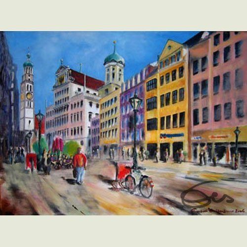 Bild, Augsburg, Acryl, Gebäude, Haus, Rathaus, Perlach, Turm, Elisabeth Ernicke-Goßner