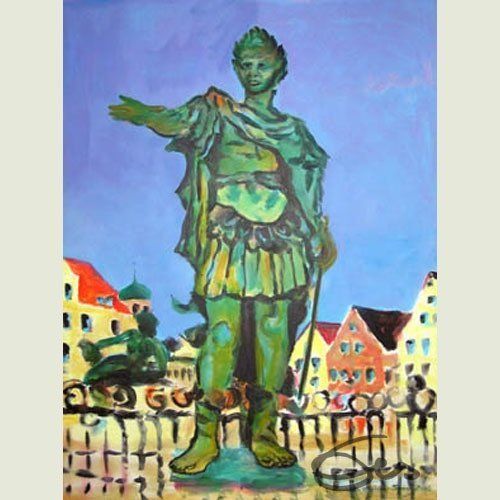 Bild, Augsburg, Acryl, Brunnen, Neptun, Gebäude, Haus, Technik , Fabrik, Industrie, Technik, Brunnen, Rathausplatz, Augustus, Elisabeth Ernicke-Goßner