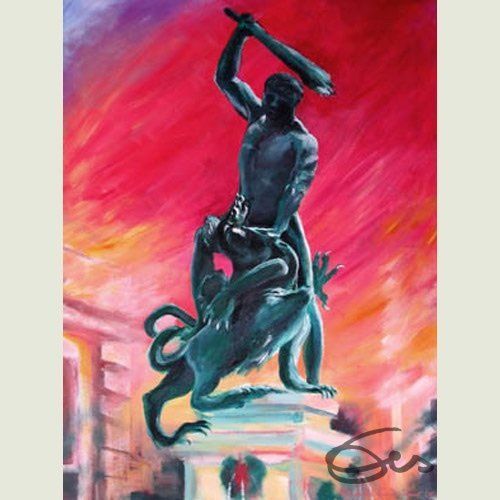 Bild, Augsburg, Acryl, Brunnen, Neptun, Gebäude, Haus, Technik , Fabrik, Industrie, Technik, Brunnen, Maximilianstraße, Herkules, Elisabeth Ernicke-Goßner