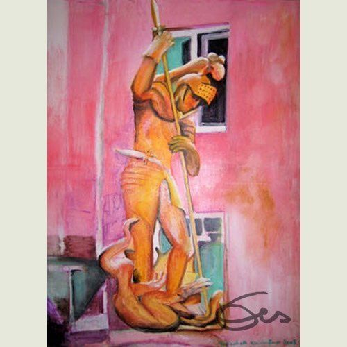 Bild, Augsburg, Acryl, Brunnen, Georg, Gebäude, Haus, Technik , Fabrik, Industrie, Technik, Brunnen, Stadtmetzg, Georg, Elisabeth Ernicke-Goßner