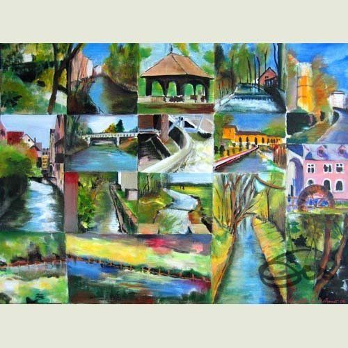 Bild, Augsburg, Acryl, Wasser, Kreuzung, Kanal, Haus, Technik , Fabrik, Industrie, Technik,Kanal, Wasser, Collage, Elisabeth Ernicke-Goßner