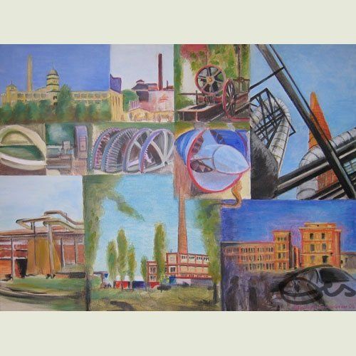 Bild, Augsburg, Acryl, Gebäude, Haus, Technik , Fabrik, Industrie, Technik, Industrie, Collage, Elisabeth Ernicke-Goßner