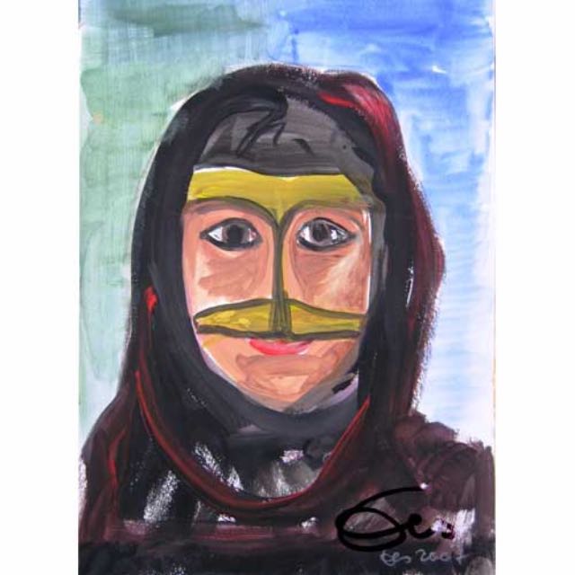 Abu dhabi, Frau mit goldener Maske, Aquarell im Skizzenbuch