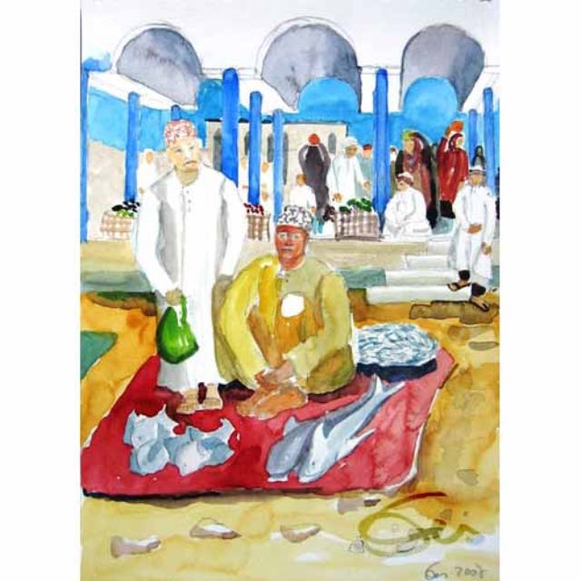 Oman, Fischmarkt , Aquarell im Skizzenbuch