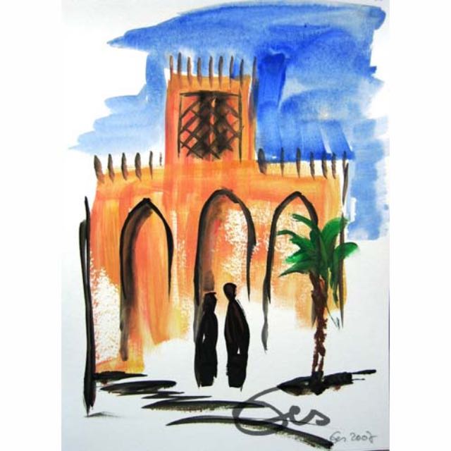 Oman, Festung ,2 Personen, Aquarell im Skizzenbuch