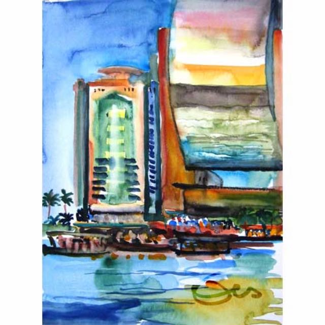 Dubaicreek, Boote und Hochhäuser, Aquarell