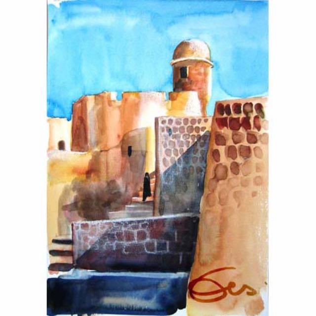 Oman, Festung , Aquarell im Skizzenbuch