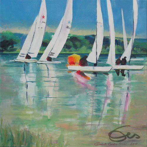 Aquarell Ammersee Utting Starboote Blick auf segelnde Schiffe Boote Natur